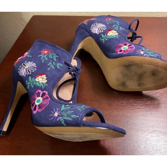 Betsey Johnson Caira Embroidered Floral Navy Blue Peep-Toe Booties-High Heels - Picture 4 of 4